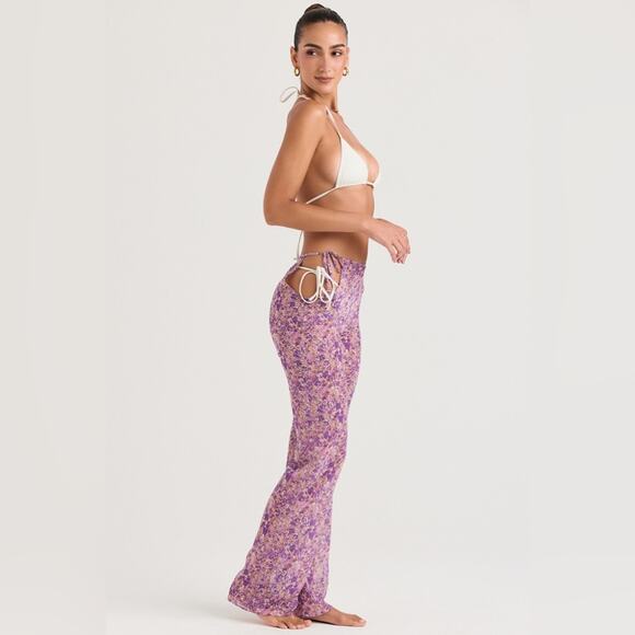 HOUSE OF CB Keala Purple Floral Sheer Side Peek-a-boo Cut Out Tie Cover Up Pants - Picture 12 of 14